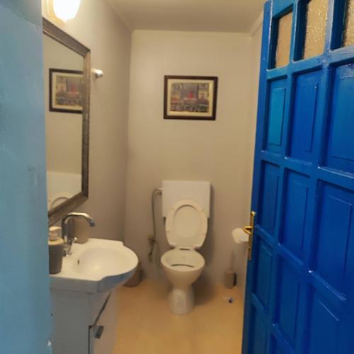 a bathroom with a toilet and a sink and a blue door at Historical House in Alsancak in Konak