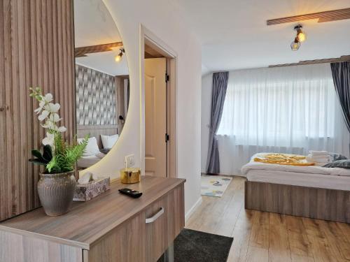 a bedroom with a bed and a large mirror at Casa Anitta in Buşteni