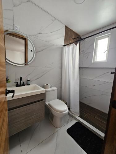 ein Badezimmer mit Toilette, Waschbecken und Dusche in der Unterkunft Hotel Azalea Rooftop in Aguascalientes