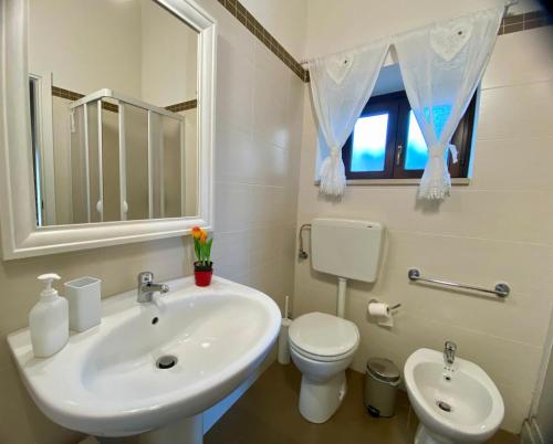 a bathroom with a sink and a toilet and a mirror at Agriturismo Villa Flavia in Casa Serrafiori