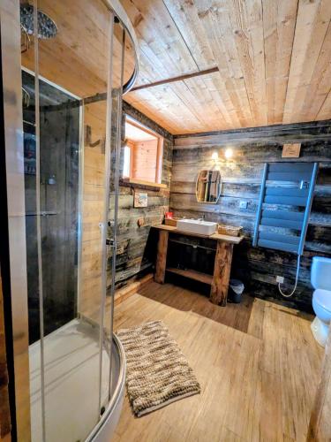a bathroom with a shower and a sink at Le refuge de Marius - logement de colpoteur in Albiez-Montrond