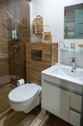 a bathroom with a toilet and a sink at BOTANIKA apartmanok Zsálya és Rozmaring in Baja