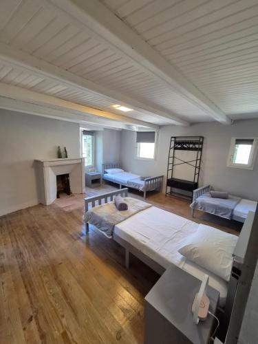 a large room with two beds and a fireplace at 16 Chemin De Compostelle in Sénergues