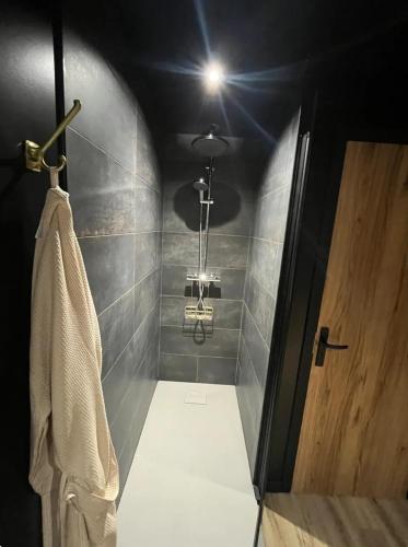a bathroom with a shower with a hanging towel at Fleur de Lune in Amiens