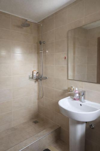 a bathroom with a sink and a shower with a mirror at Edi in Sarajevo