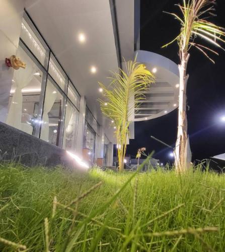 two palm trees in the grass in front of a building at Garden Melenium - Jazan in Jazan