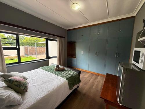 a bedroom with a bed and a window and a tv at Adriaan Place in Bethlehem