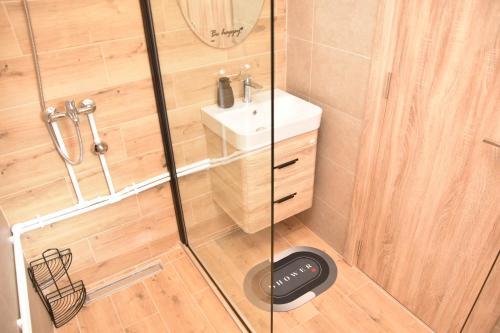 a bathroom with a shower with a sink and a scale at Zov planine in Žabljak