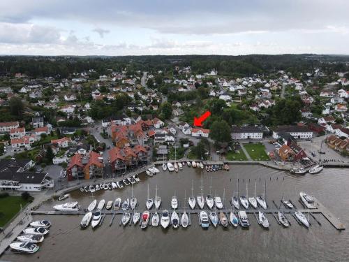 an aerial view of a marina with boats in the water at Villa house in Son Old Town - Oslo Fjord in Vestby