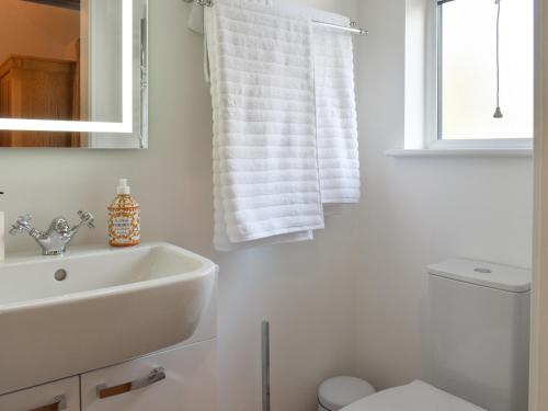a white bathroom with a sink and a toilet at South Downs Lodge in Soberton