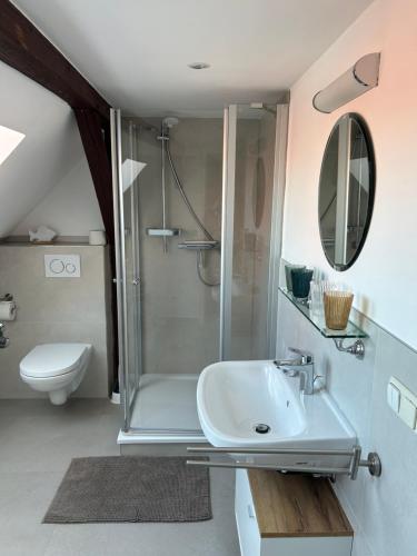 a bathroom with a shower and a sink at Ferienwohnung Klosterblick Insel Malchow mit eigenen Bootsanleger in Malchow