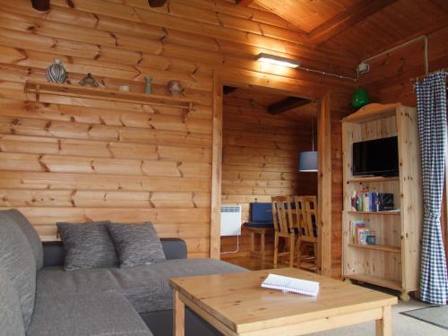 a living room with a couch and a wooden wall at dieSeeSucht - Lodge am Fjord in Westerholz