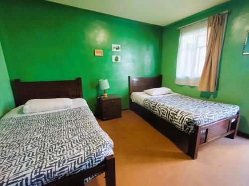 two beds in a room with green walls at La Casa del Manzano in Puno