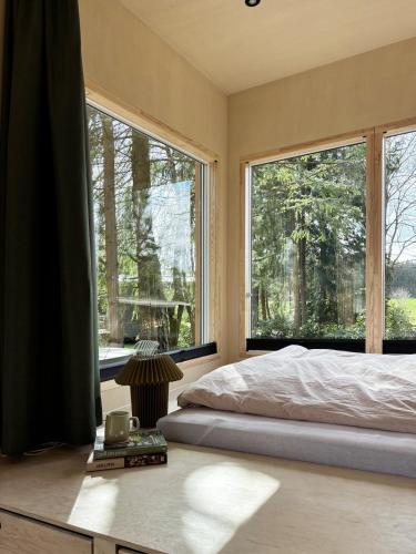 a bedroom with a bed and large windows at Tiny House 1 mit Garten in der Lüneburger Heide in Soltau