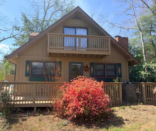 a small house with a balcony and a bush at The Cozy Chalet in Asheville