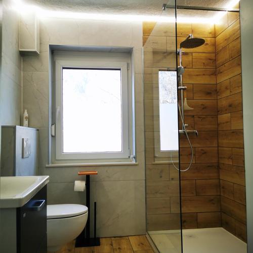 a bathroom with a shower and a toilet and a window at Mountain View Mojstrana in Mojstrana