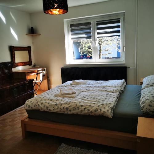 a bedroom with a bed and a window at Mountain View Mojstrana in Mojstrana