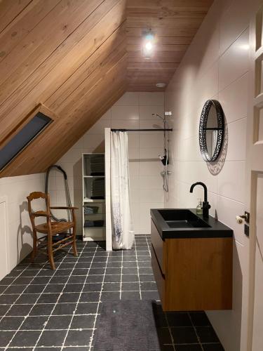 a bathroom with a sink and a wooden ceiling at B&B Aan t End in Kootwijkerbroek