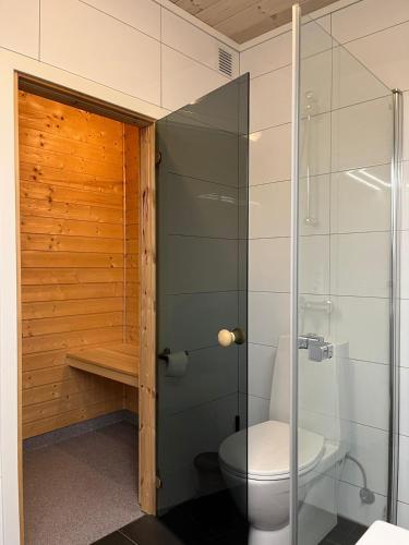 a bathroom with a toilet and a glass shower at Affordable Luxury Sauna Chalet - River Views in Vossevangen