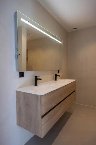 a bathroom with a sink and a mirror at Studio with Pool Table and Optional Sauna & Hot Tub in Zwaanshoek