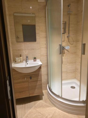 a bathroom with a sink and a shower at Nidos centras -Taikos g in Nida