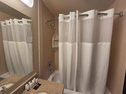 a bathroom with a shower curtain and a sink at Ramada by Wyndham Tukwila Southcenter in Tukwila