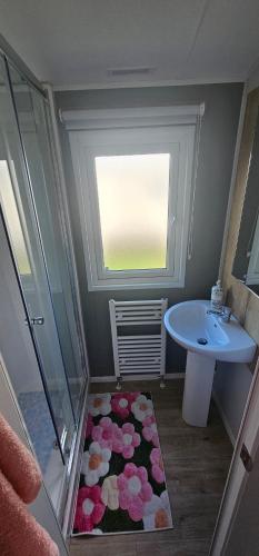 a bathroom with a sink and a shower and a rug at Sunny Haven in Skegness
