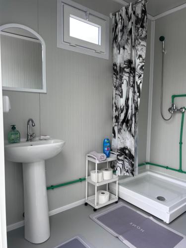 a bathroom with a sink and a shower curtain at A little paradise 2 in Radanovići