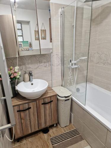 a bathroom with a sink and a shower at Paradise Vibe Balaton in Balatonkenese