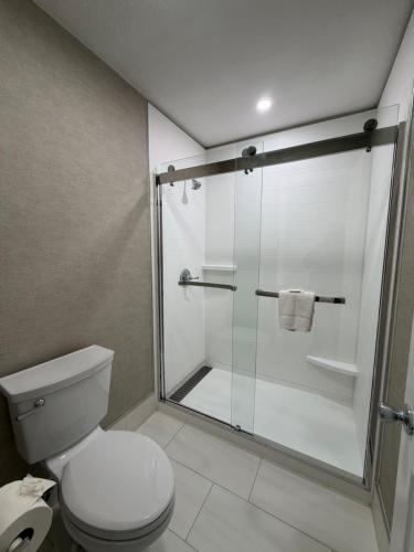 a bathroom with a toilet and a glass shower at Days Inn by Wyndham Granbury in Granbury