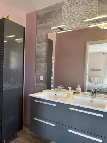 a bathroom with a sink and a large mirror at Maison de plain pied in Certines