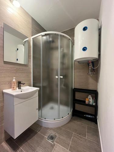 a bathroom with a shower and a sink at Počitniška hiša Eva in Velike Lašče