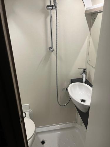 a small bathroom with a toilet and a sink at Camping pod in Greatham