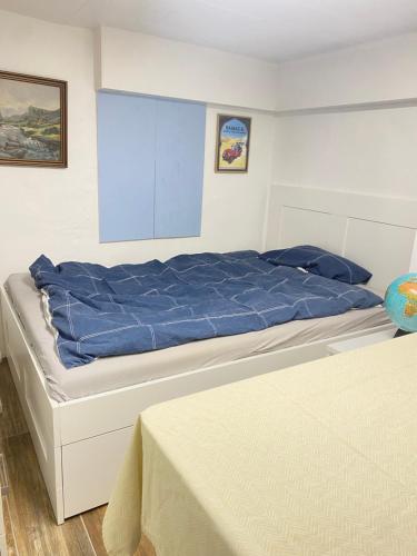 a bedroom with a large bed with blue sheets at Skovhus 2-room Basement Apartment in Aarhus