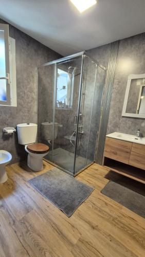 a bathroom with a shower and a toilet and a sink at Apartment Trezza in Acitrezza