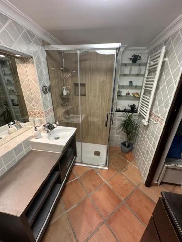 a bathroom with a shower and a sink at Swallows Nest in Quarteira