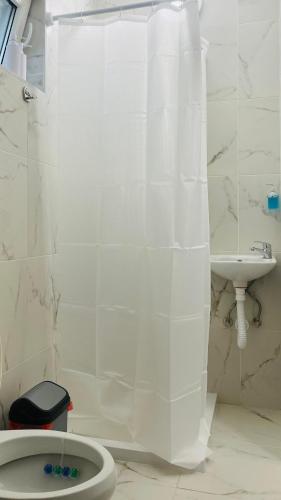 a bathroom with a white shower curtain and a toilet at Panorama - 2 Lazarevac in Lazarevac