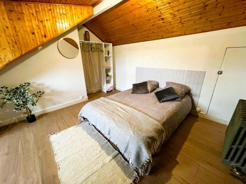 ein Schlafzimmer mit einem Bett und einer Holzdecke in der Unterkunft Chambres Spacieuses et Lumineuses - Angers - Votre havre de paix in Angers