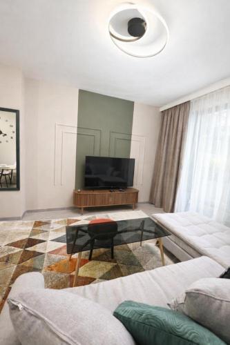 a living room with a couch and a flat screen tv at Fresh SPA Relax Velingrad in Velingrad
