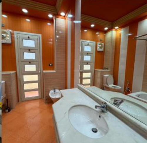 a bathroom with a sink and a toilet and a mirror at Villa Celia -New Cairo in Cairo