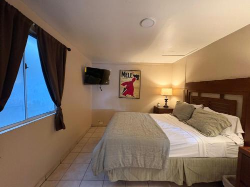 a bedroom with a bed and a tv and a window at Hotel Del Bosque in Tijuana