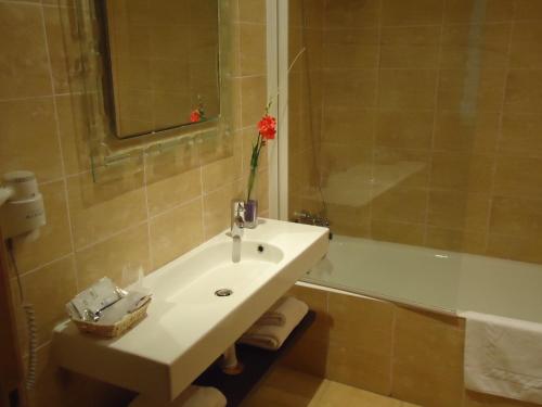 een badkamer met een wastafel en een bad bij Hotel Santa Ana in Arrasate - Mondragon