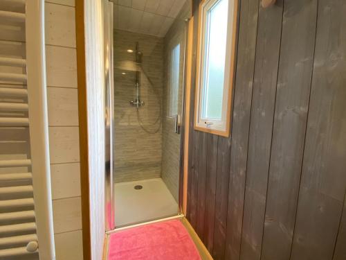 a shower with a glass door in a bathroom at Chalet clim - 4 pers. - API-1-52-2324 in Coulon