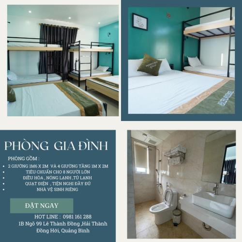 a collage of three pictures of a bedroom with bunk beds at Peaceful House Hostel in Dong Hoi