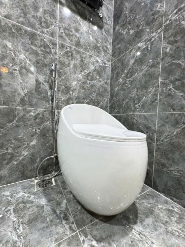 a white toilet in a bathroom with marble walls at Khách Sạn MoonKnight 2 in Sầm Sơn