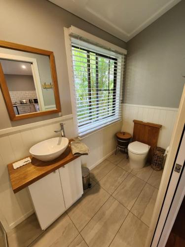 a bathroom with a sink and a toilet and a mirror at Hillside Hideaway - Your Base for the Region in Cawongla