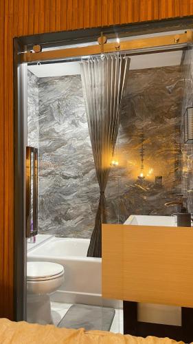 a bathroom with a tub and a toilet and a sink at Luxury KIA Room B in Richmond Hill