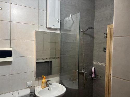 a bathroom with a sink and a glass shower at Atlas Hostel in Skopje