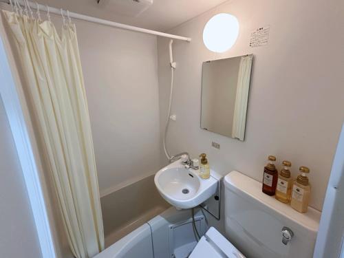 a bathroom with a sink and a toilet and a mirror at Kansai Airport Hotel Pine Villa in Kansai International Airport