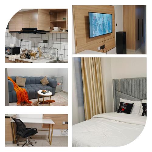 a collage of four pictures of a bedroom and a living room at Fun-fantastic Furnished Apartment, The Loftel near UN, Embassies, Two Rivers & Village Market,with a Pool and Gym in Nairobi